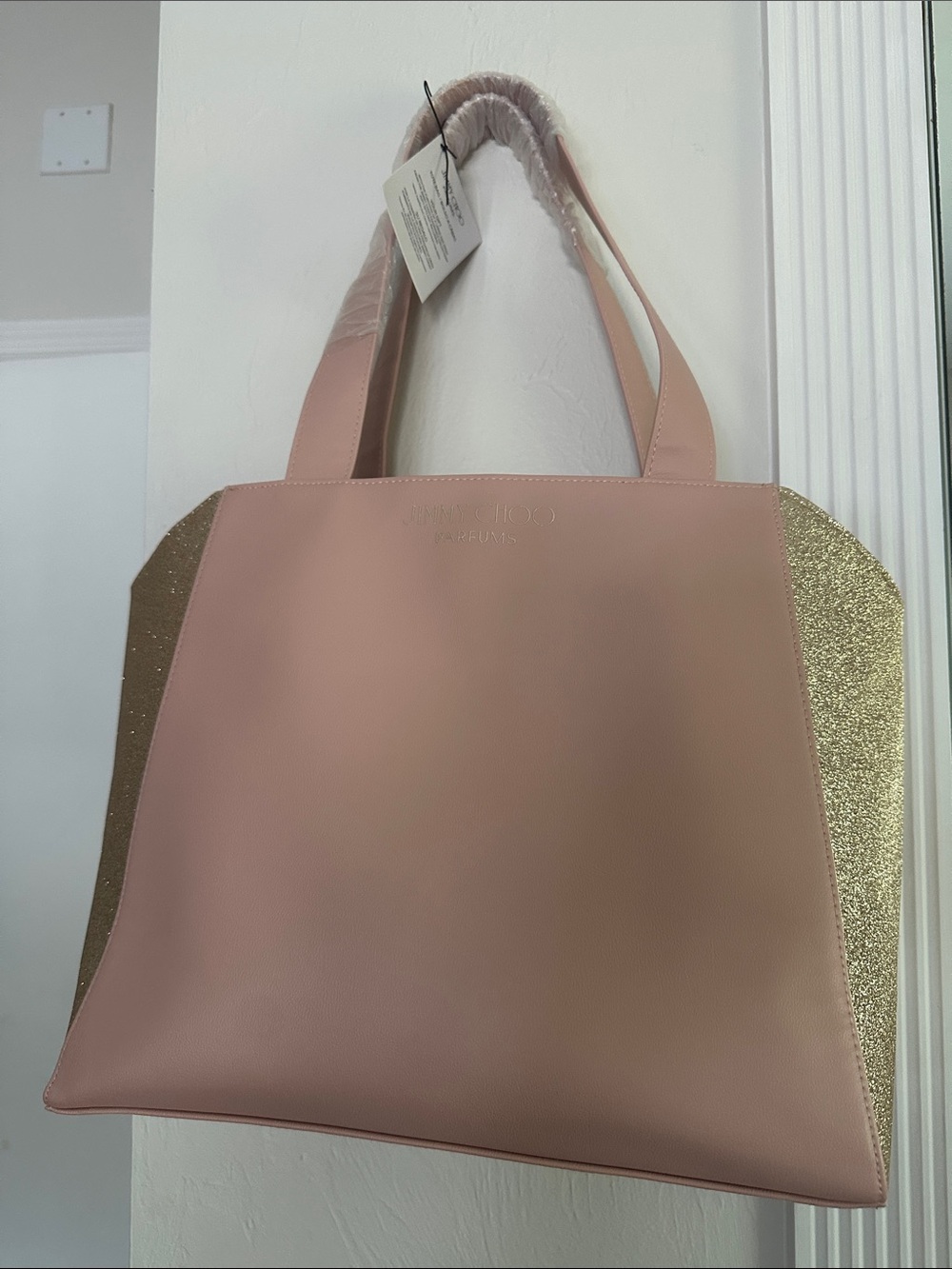 Jimmy Choo Blush Pink Tote with Gold Glitter Panels